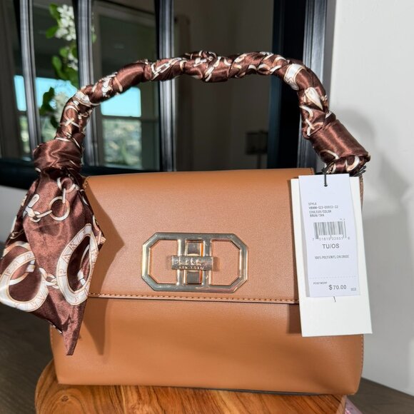 Nicole Miller New York Tan Top Handle Satchel Gold Hardware Scarf Handle NWT - Picture 2 of 7